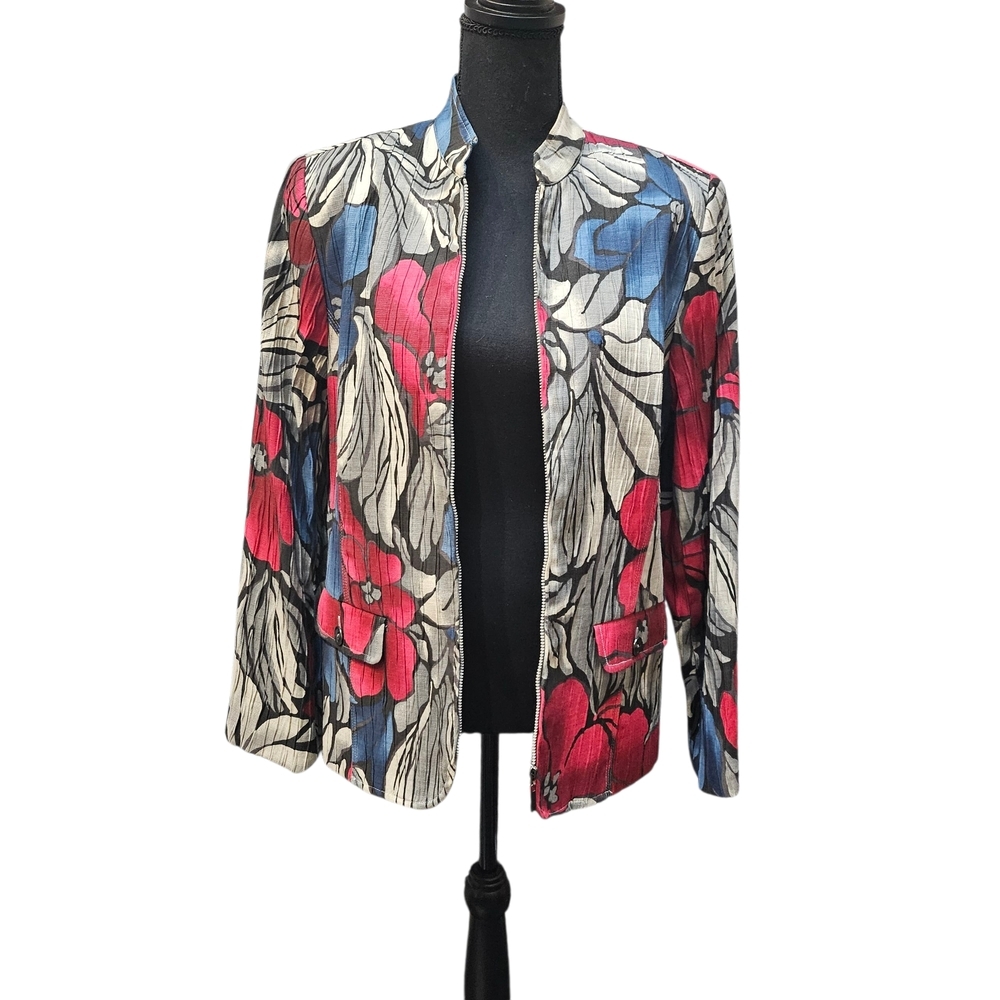 Alfred Dunner Red Blue Grey Wearable Art Textured Floral Blazer Size L